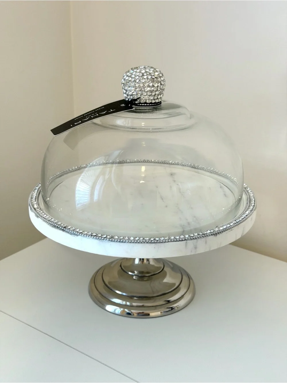 Tahari Home Glass Cheese Dome Cake Stand Marble Rhinestone Pedestal Server 10.5”